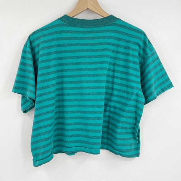 VTG Guess Knitwear USA Green Striped Embroidered Boxy Cotton T-Shirt One Size - Picture 3 of 5